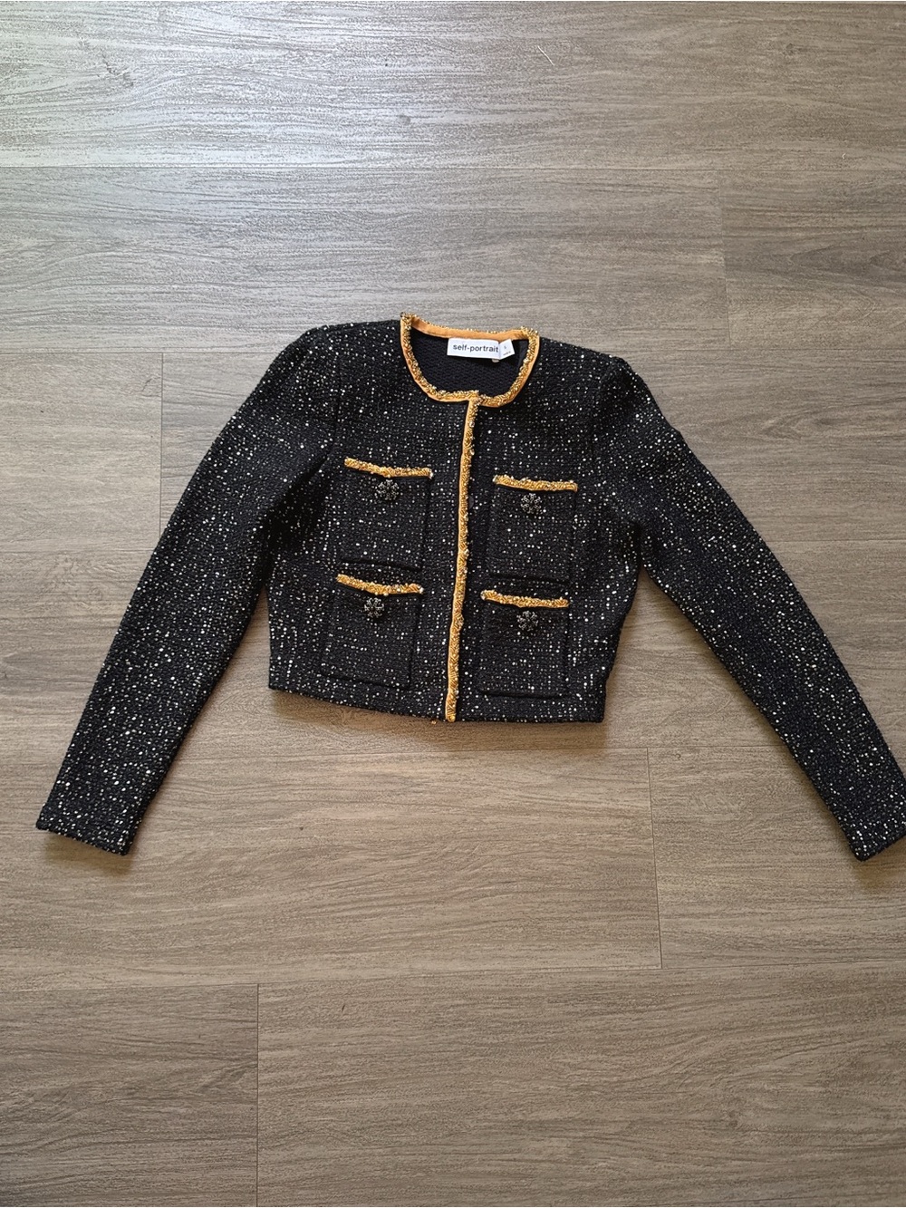 Self-Portrait Black Tweed Cropped Jacket with Gold Trim Accents